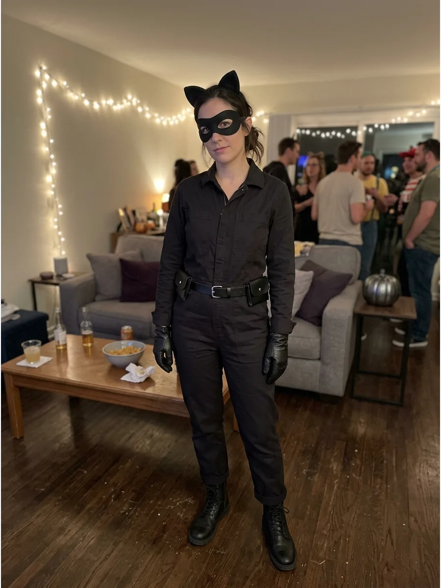 Black Jumpsuit Catwoman Costume. Turn an everyday black utility or fashion jumpsuit into a costume with a belt, cat ears, and black gloves. This option is comfortable, easy to move