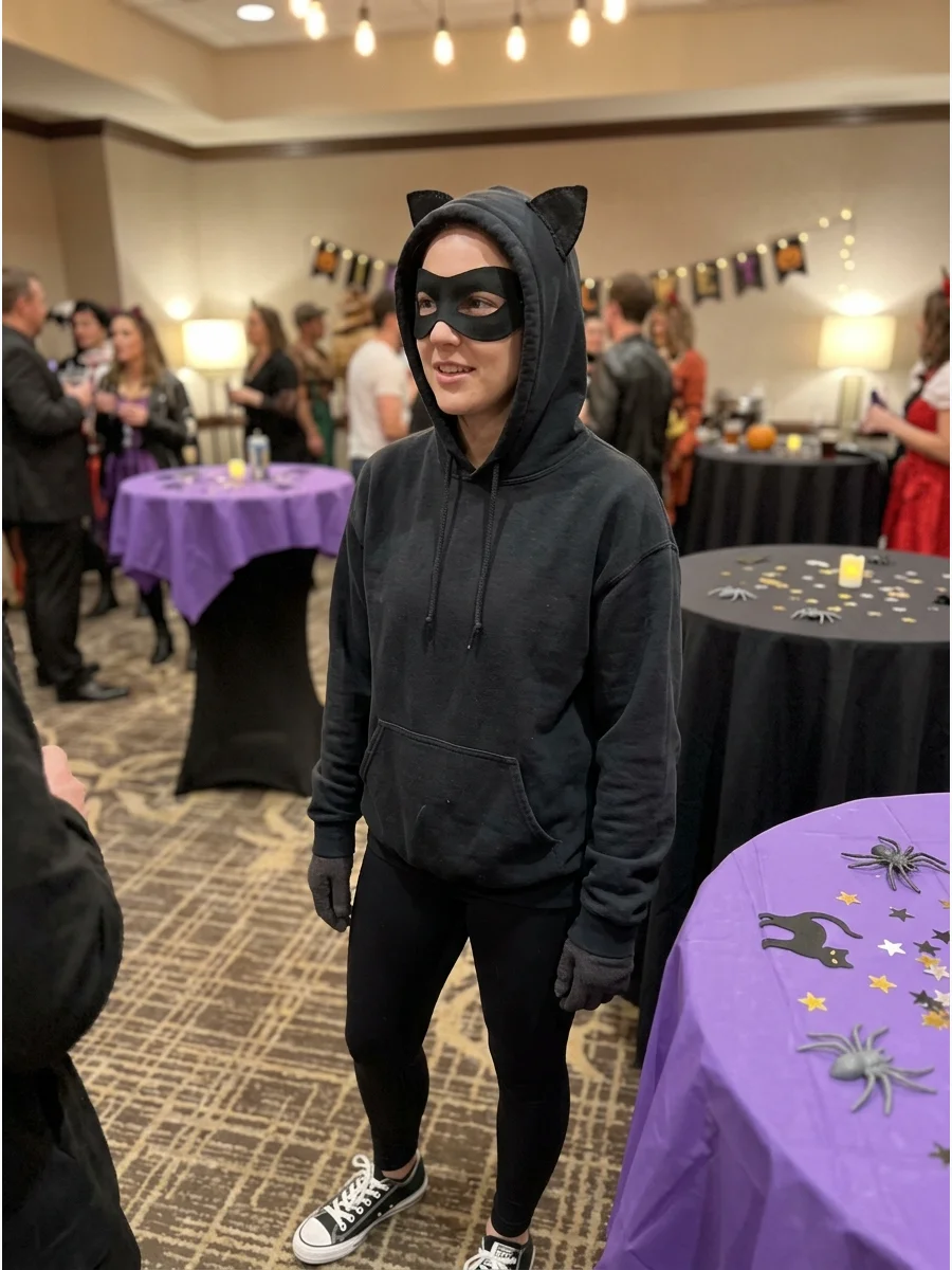 Black Hoodie Catwoman Costume. Wear a black hoodie with leggings, sneakers, and a black mask. Attach felt ears to the hood for an easy costume that also works well in colder Octobe
