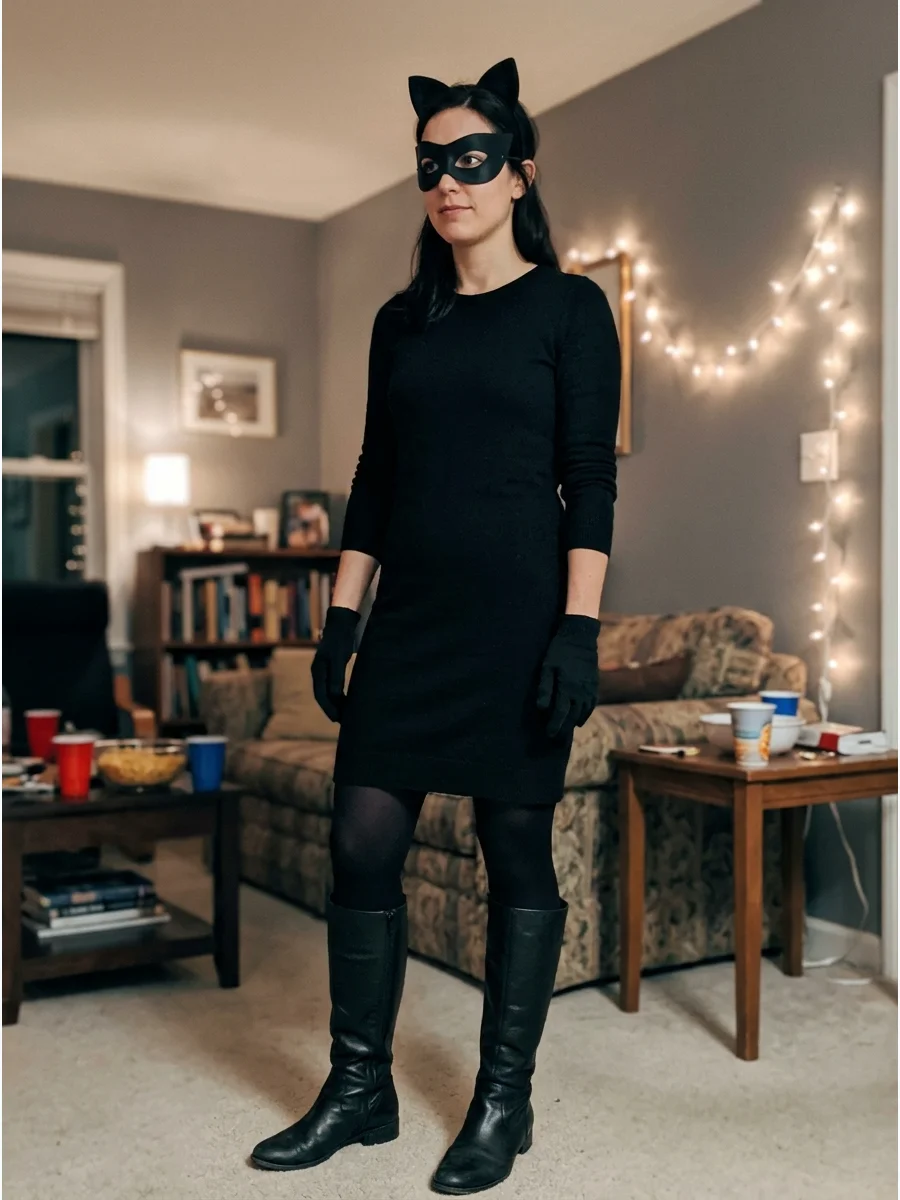 Black Dress Catwoman Costume. Choose a simple long-sleeve black dress and style it with tights, boots, gloves, cat ears, and a mask. The result is a dressier alternative to the tra