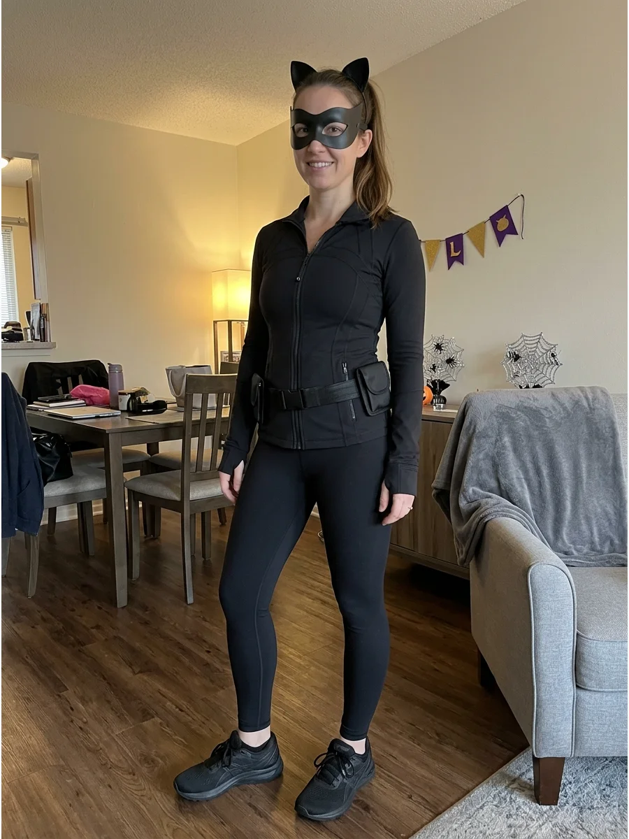 Black Athletic-Wear Catwoman Costume. Combine black workout leggings with a fitted zip-up athletic top and comfortable sneakers. Add a mask and ears for an easy costume suitable fo
