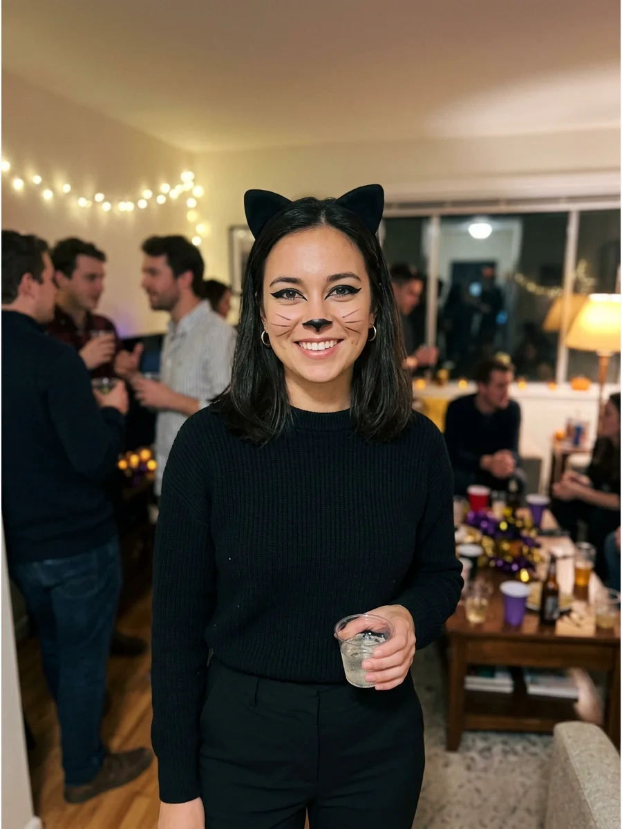Makeup-Only Catwoman Costume. Use black eyeliner to create a small cat-eye mask around the eyes, then add a simple nose and whisker details. Pair the makeup with black clothing whe