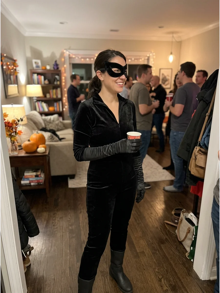 Velvet Catwoman Costume. Choose a black velvet jumpsuit, top, or dress to add depth and softness to the costume. Keep the mask, gloves, and boots matte so the velvet remains the ma