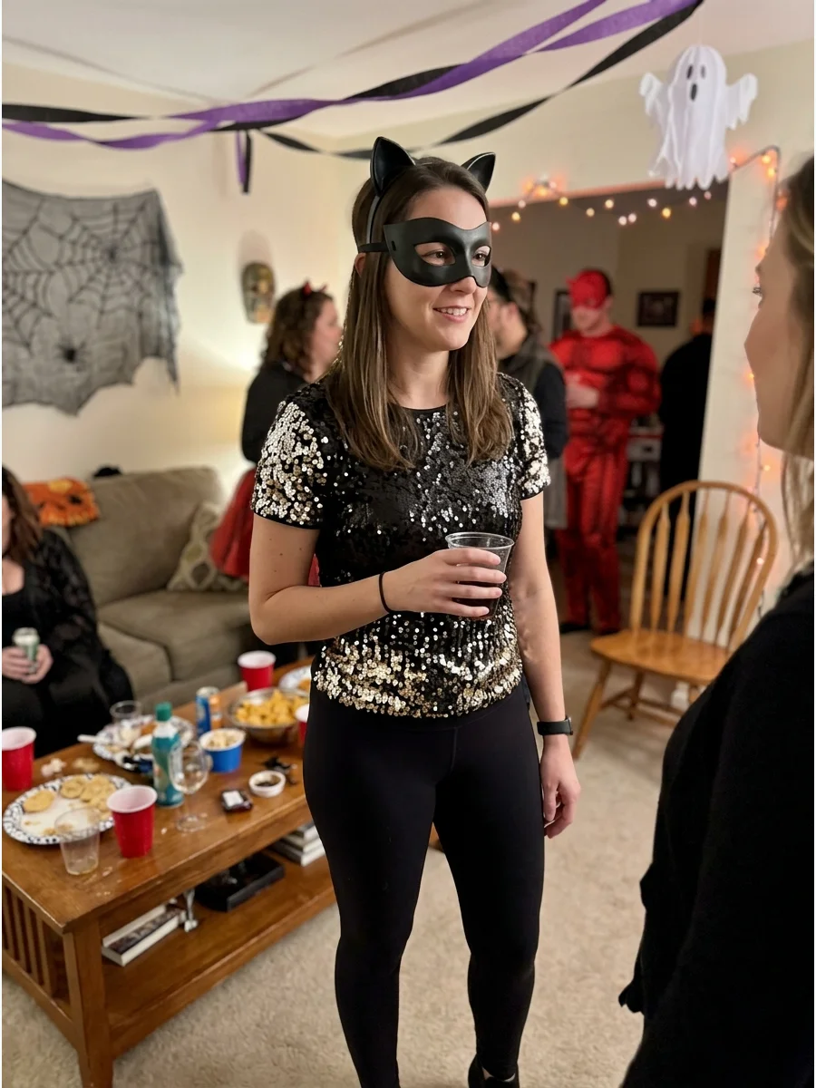Sequin Catwoman Costume. Wear a black sequin top with plain black pants or leggings. Add a sleek mask and minimal accessories so the outfit feels festive without becoming too busy.