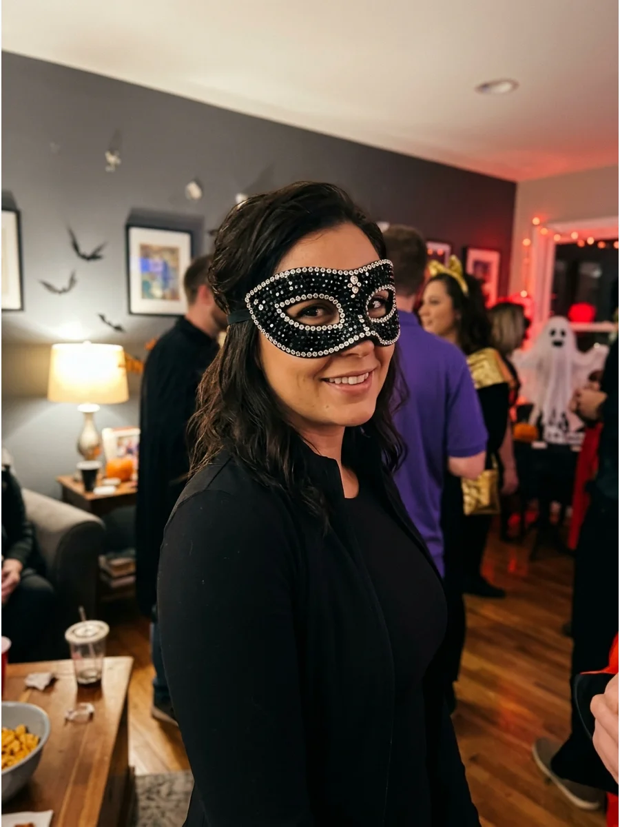 Rhinestone Mask Catwoman Costume. Decorate a simple black eye mask with small black or clear rhinestones. Pair it with a plain black outfit to create a glamorous costume with one s