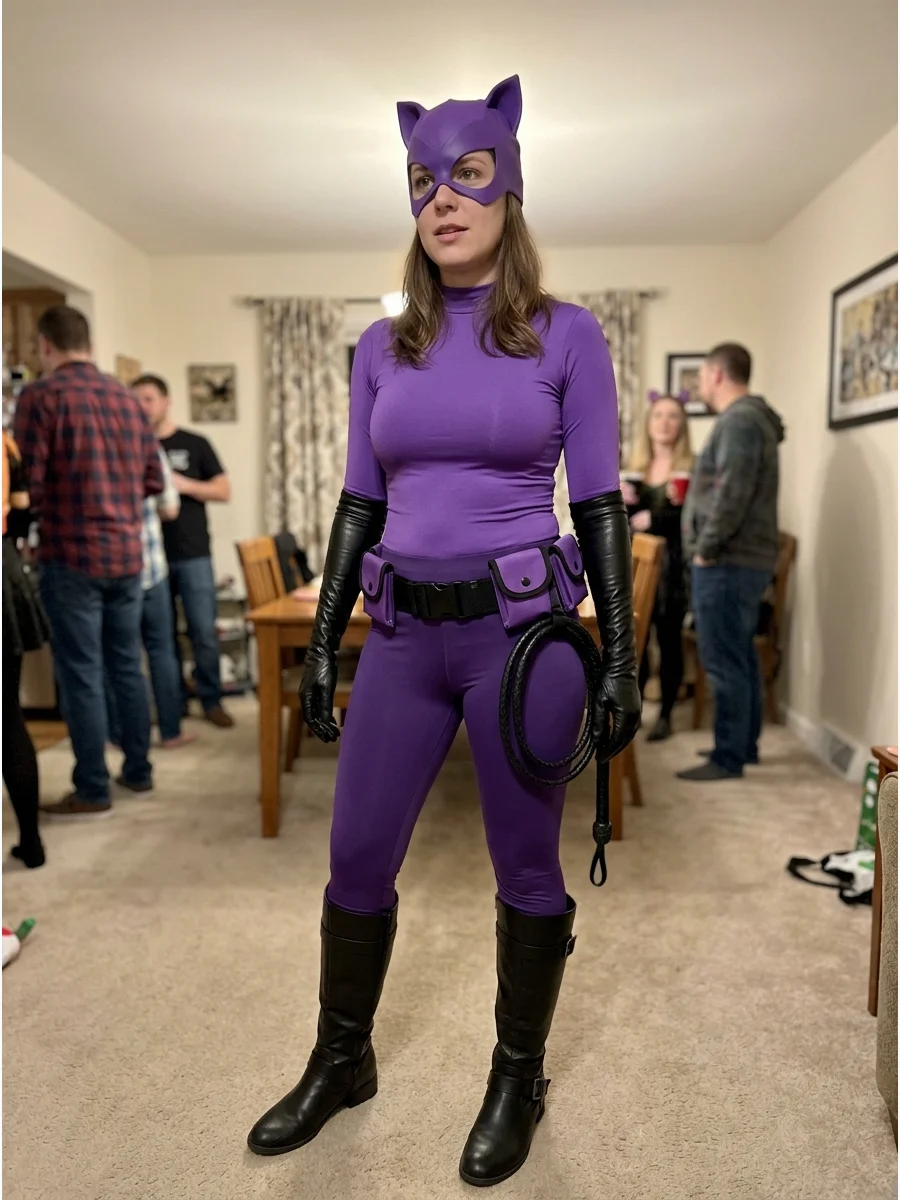All-Purple Catwoman Costume. Wear different shades of purple from head to toe, including a purple top, leggings, mask, and ears. Black boots and gloves will provide contrast while