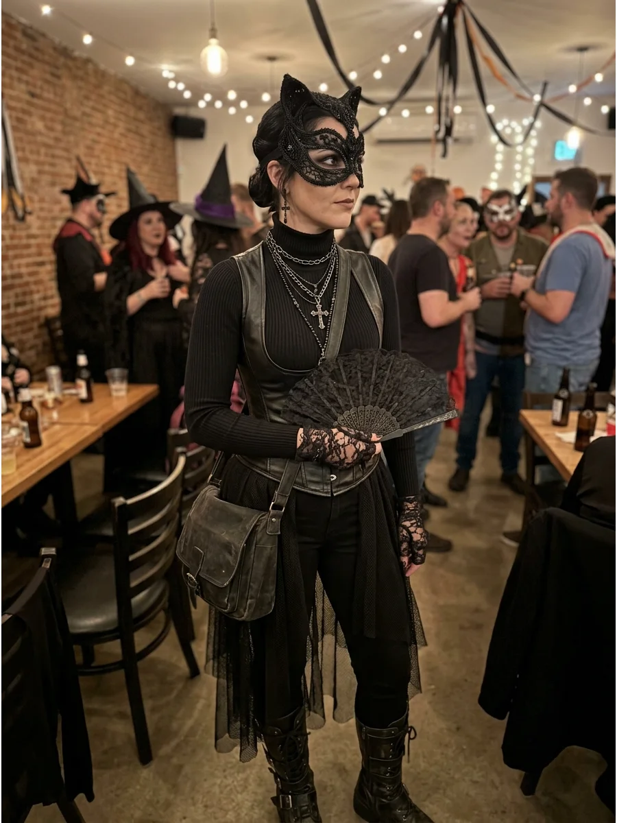 Gothic Catwoman Costume. Combine a black high-neck top with a long skirt or fitted pants, lace gloves, boots, and a decorative mask. Dark makeup and vintage accessories can give th
