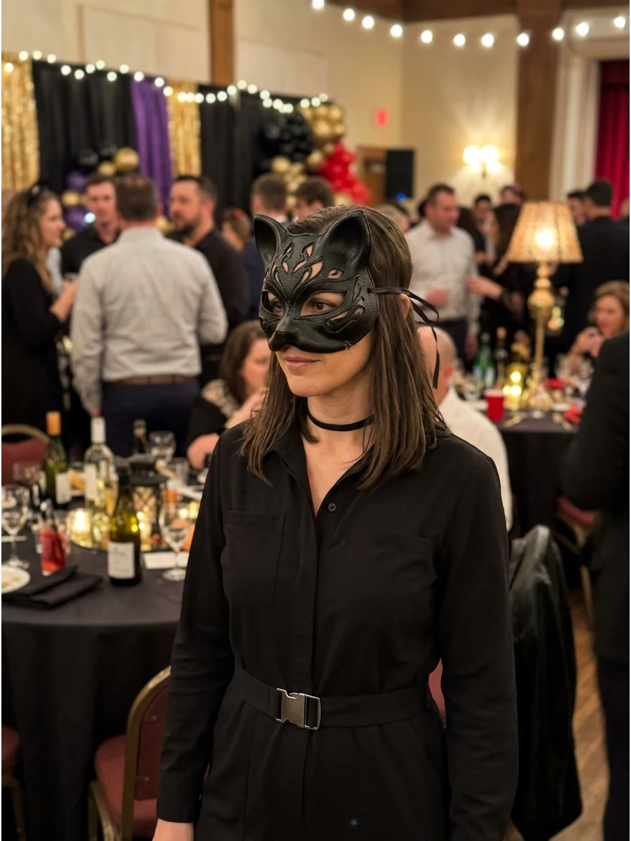 Masquerade Catwoman Costume. Wear an ornate black cat-shaped masquerade mask with a simple black dress or jumpsuit. This version works especially well for a formal Halloween party
