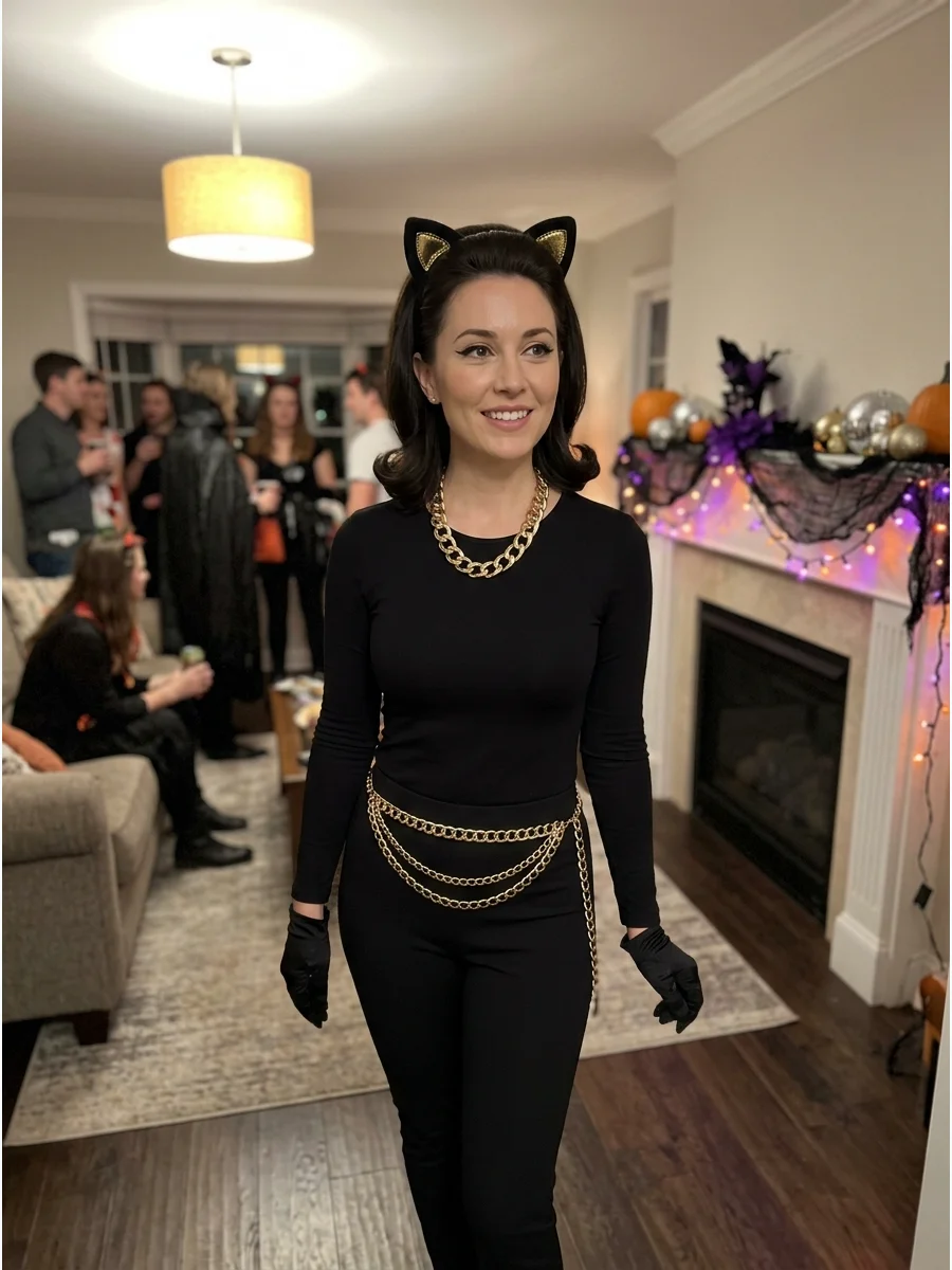Retro 1960s Catwoman Costume. Wear a fitted black long-sleeve outfit with a gold belt, cat-ear headband, and oversized gold necklace. Add winged eyeliner and a polished hairstyle t