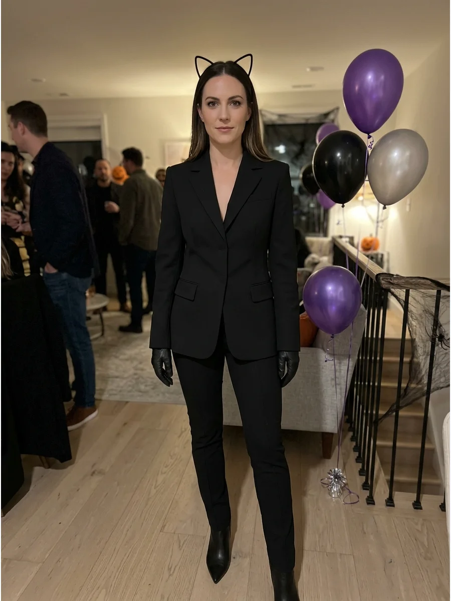 Fashion-Editorial Catwoman Costume. Style a structured black blazer with fitted pants, gloves, pointed boots, and minimalist cat ears. The tailored pieces create a polished costume