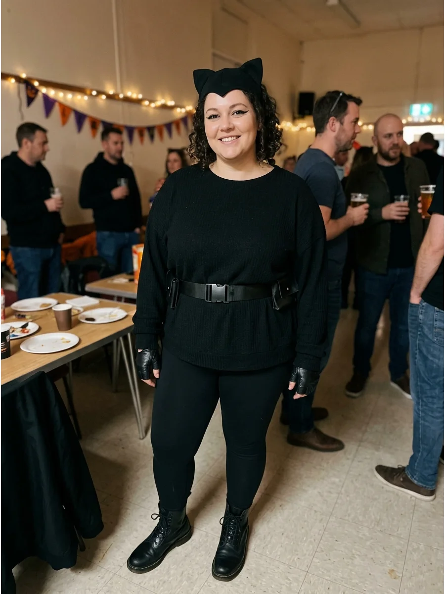 Plus-Size Catwoman Costume. Build the costume around comfortable black leggings, a fitted or relaxed black top, a wide belt, and supportive boots. Choose pieces that fit well and a