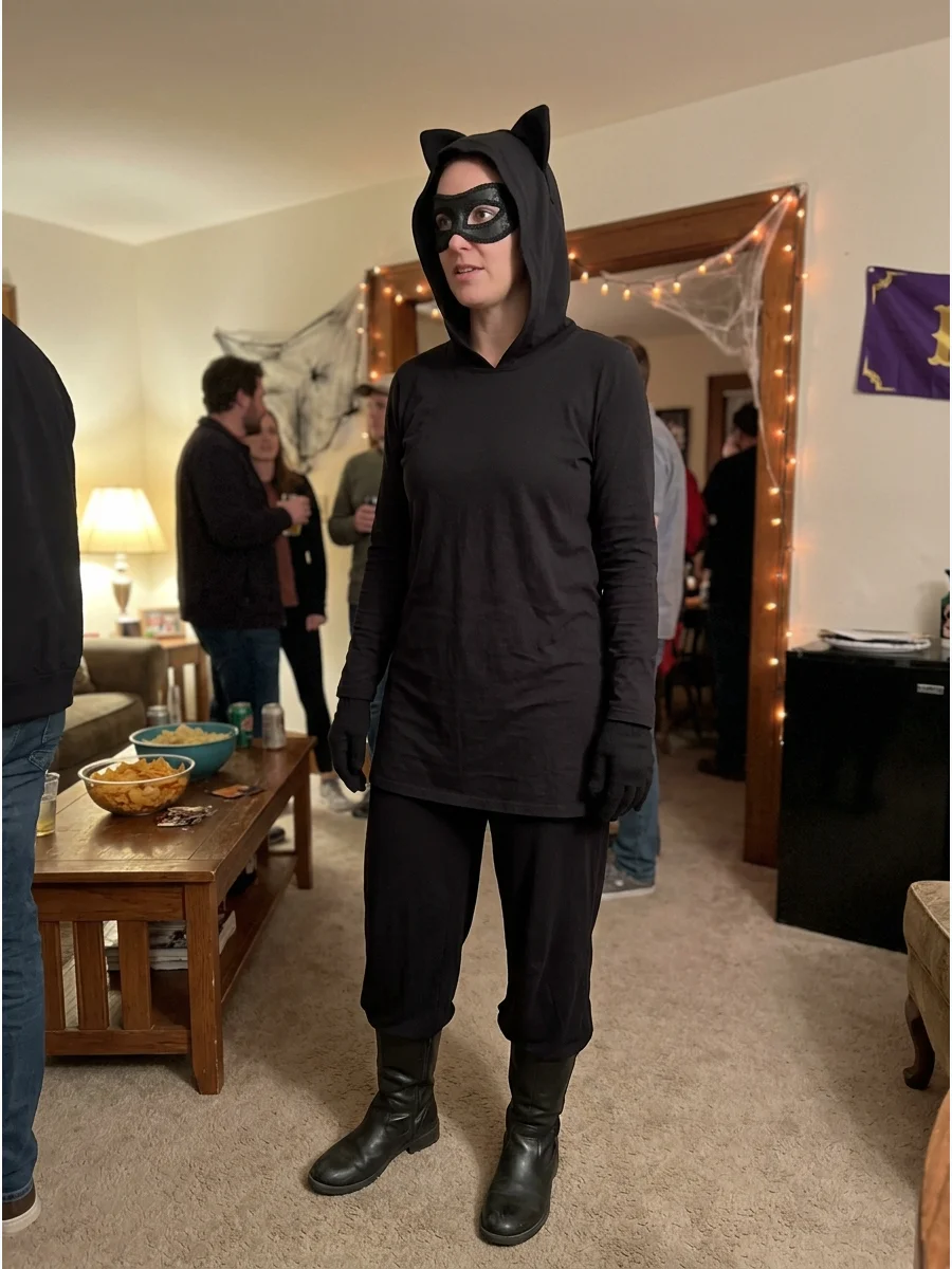 Modest Catwoman Costume. Wear a long-sleeve black tunic with loose black pants, gloves, boots, and a cat-ear hood. A decorative eye mask keeps the character recognizable while prov