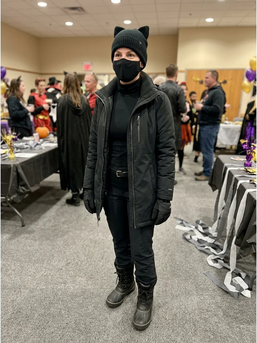 Cold-Weather Catwoman Costume. Layer a fitted black coat over a black top and pants. Add lined boots, gloves, a warm cat-ear hat, and a mask so the costume remains practical for ou