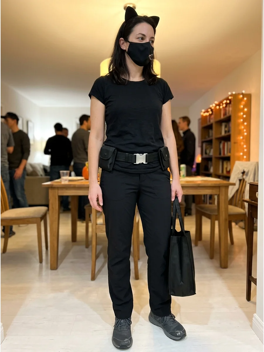 Warm-Weather Catwoman Costume. Choose breathable black pants with a lightweight short-sleeve top and comfortable shoes. Complete the outfit with a small mask, ears, and belt withou