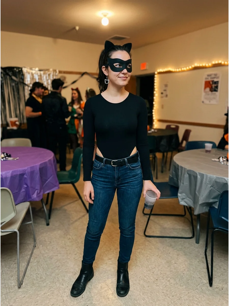 College Catwoman Costume. Pair a black long-sleeve bodysuit with jeans or leggings, ankle boots, and a simple mask. Keep the accessories lightweight and practical for a campus Hall