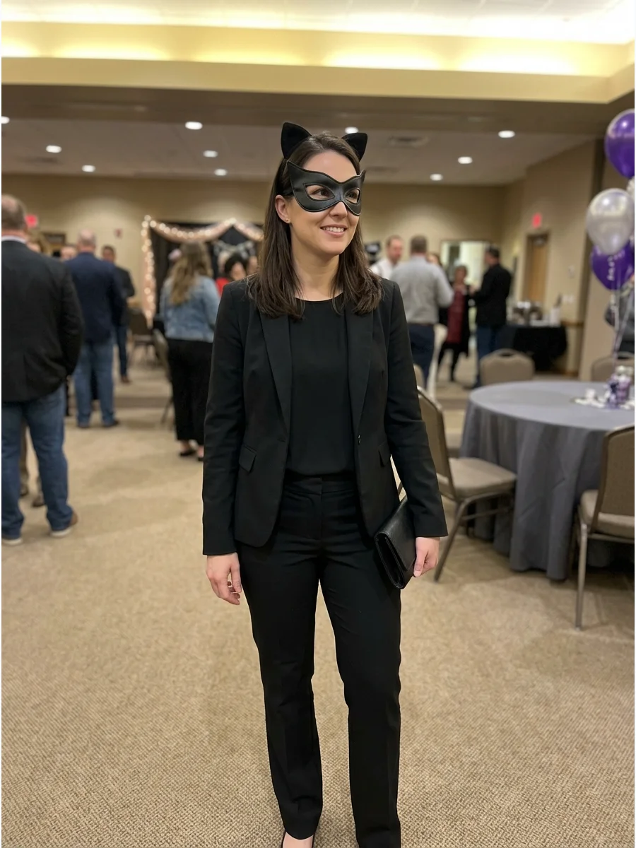 Office-Friendly Catwoman Costume. Wear black trousers, a black blouse, a blazer, and subtle cat ears. Add the eye mask after work to transform the professional outfit into a comple
