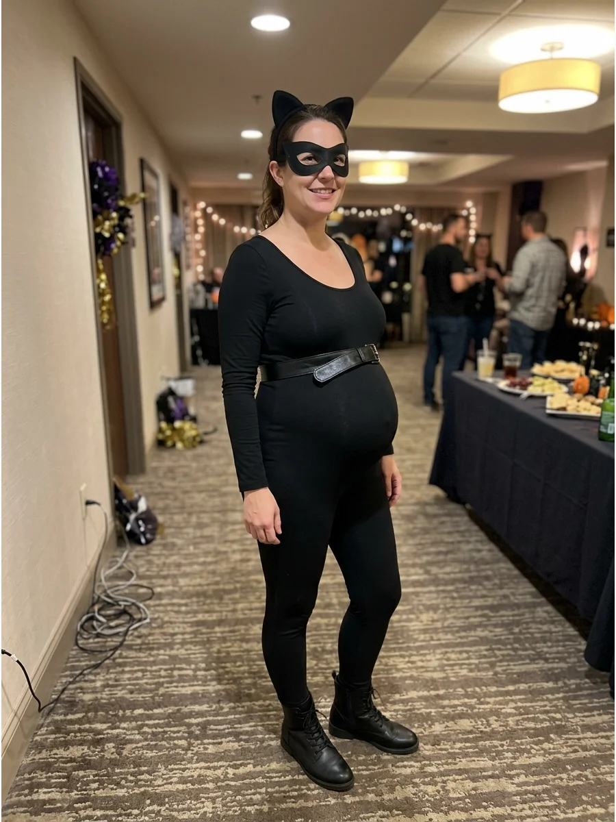 Maternity-Friendly Catwoman Costume. Choose a comfortable black maternity dress or stretchy jumpsuit with flat boots and a soft cat-ear headband. Add a lightweight mask and belt wo