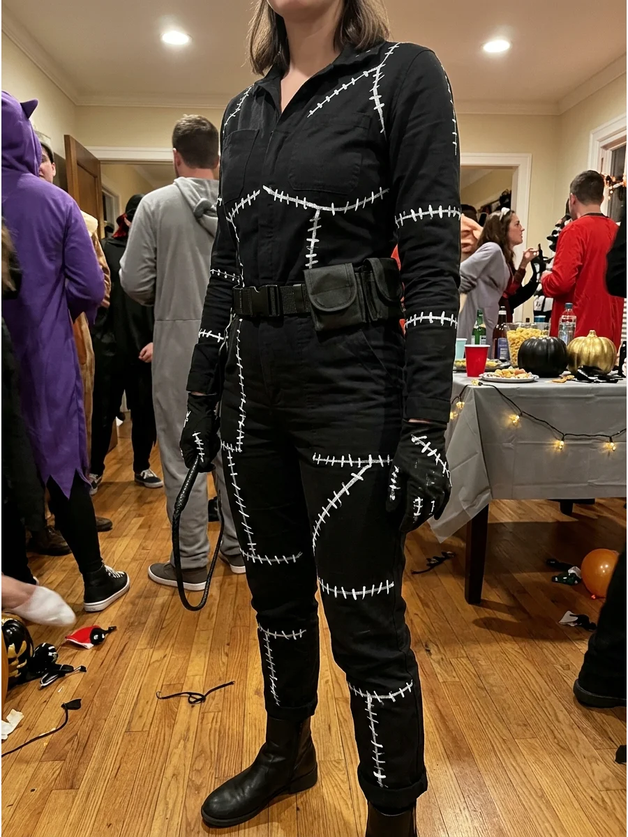 Stitched Black Catwoman Costume. Create the appearance of stitched panels by adding white fabric paint or removable white tape to a black jumpsuit. Keep the lines slightly uneven s