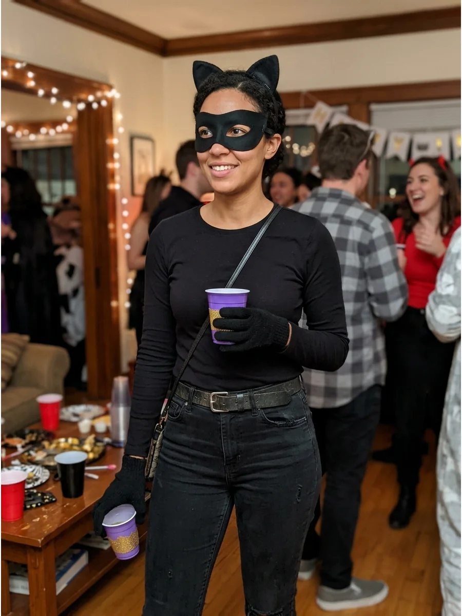 Budget Closet Catwoman Costume. Use any combination of black clothing you already own, even when the pieces do not match perfectly. Cat ears, a mask, and black gloves will visually