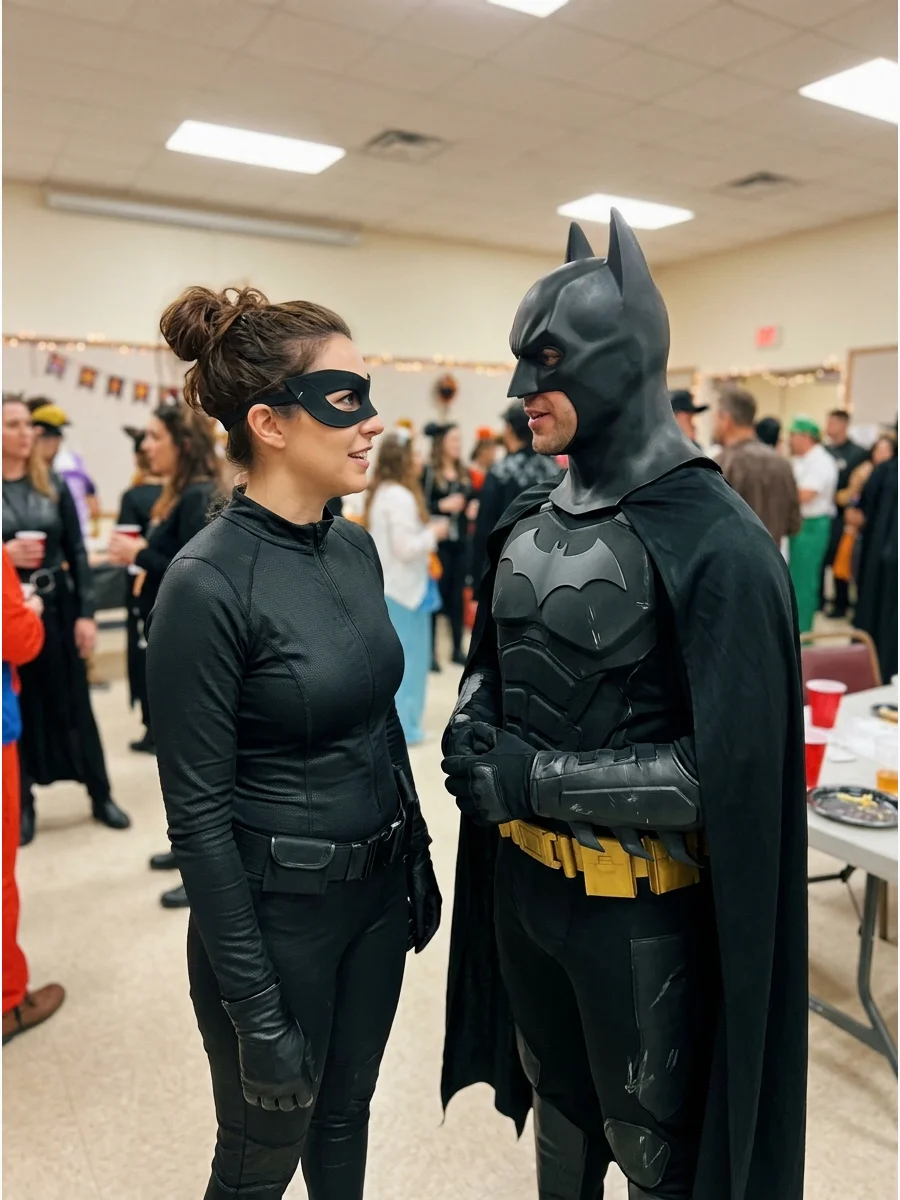Batman and Catwoman Couple Costume. Pair a classic black Catwoman outfit with a Batman costume for one of the most recognizable Gotham-themed combinations. Coordinate the costumes