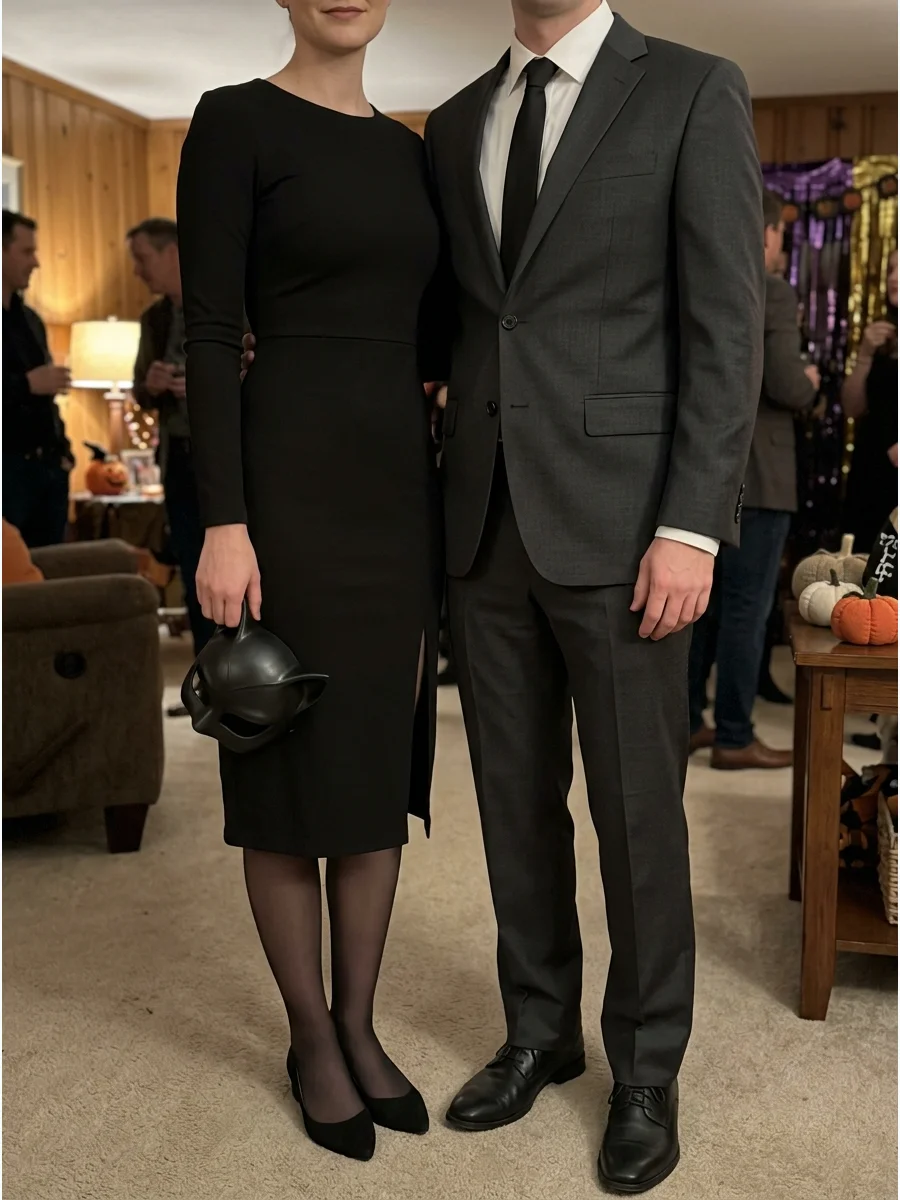Bruce Wayne and Selina Kyle Costume. One person can wear an elegant black dress or tailored outfit as Selina Kyle while the other wears a dark suit as Bruce Wayne. Carry the Catwom