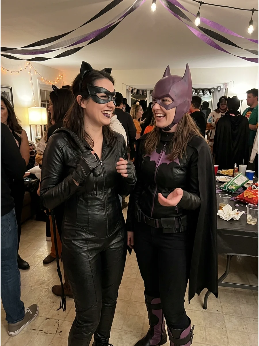 Catwoman and Batgirl Costume. Combine a black Catwoman costume with a purple or black Batgirl-inspired outfit. This duo works especially well when both costumes use similar masks,