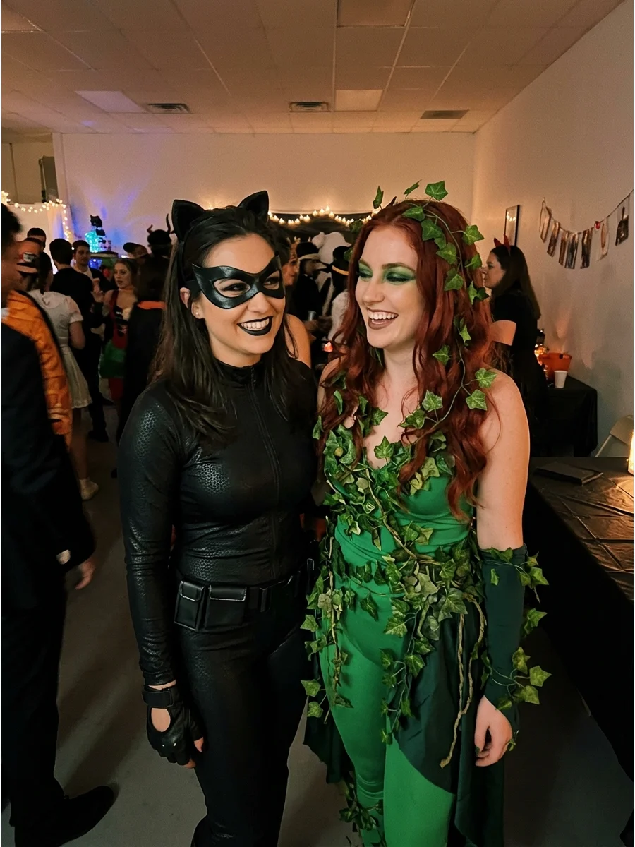 Catwoman and Poison Ivy Costume. Contrast Catwoman’s black outfit with a green, leaf-inspired costume. The strong difference in colors makes both characters easy to recognize in gr