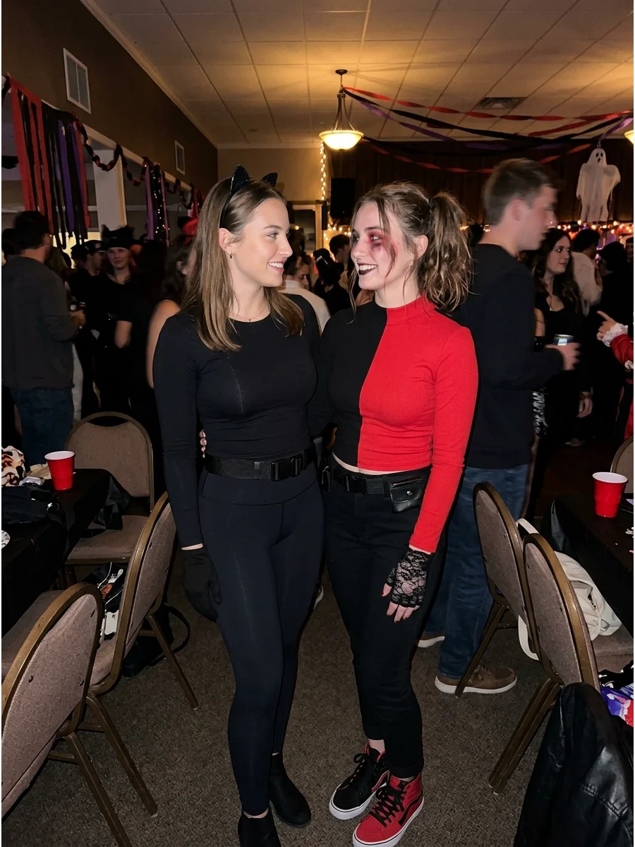 Catwoman and Harley Quinn Costume. Pair Catwoman’s sleek black clothing with a bold red-and-black Harley Quinn-inspired outfit. Coordinate one small accessory, such as matching glo