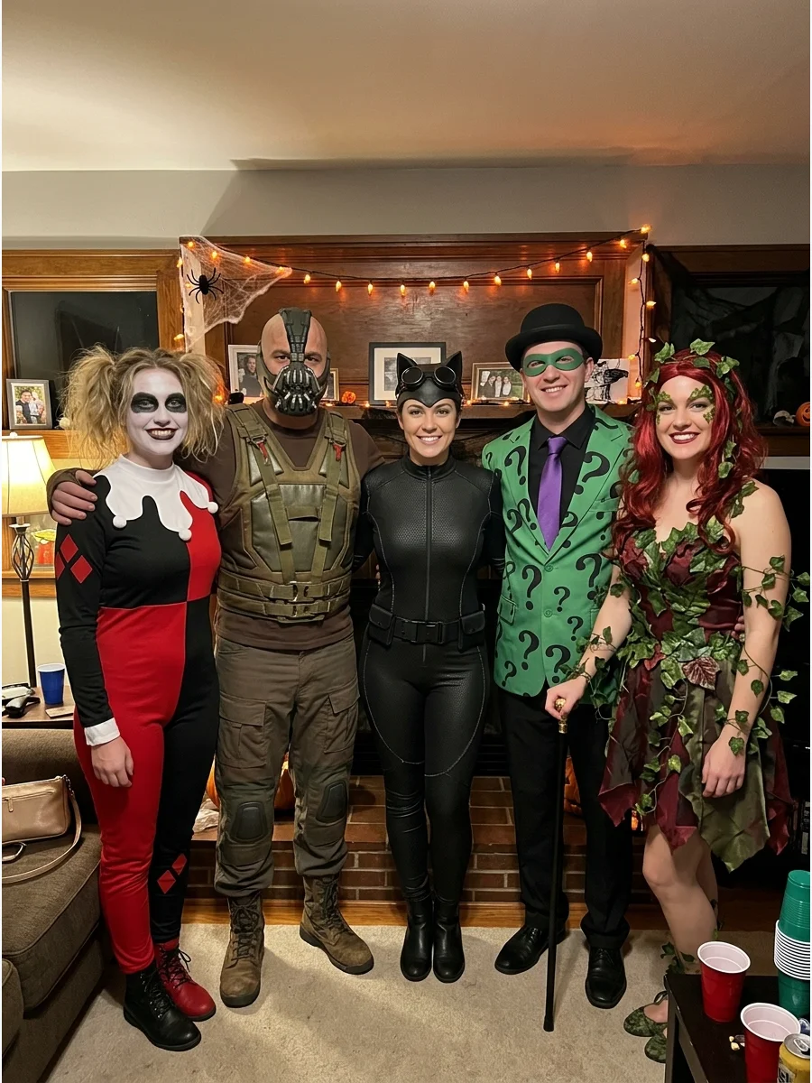 Gotham Villains Group Costume. Create a larger group featuring Catwoman alongside recognizable Gotham villains and antiheroes. Give every person a separate color palette so the ind