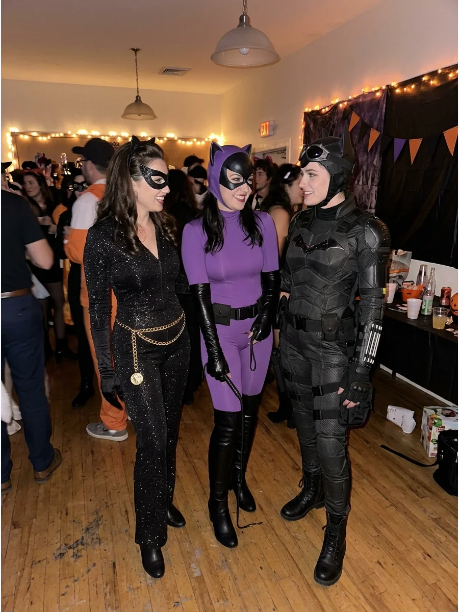 Three Eras of Catwoman Costume. Have three friends dress in retro black, purple comic-inspired, and modern tactical Catwoman outfits. This group idea shows how the character’s cost