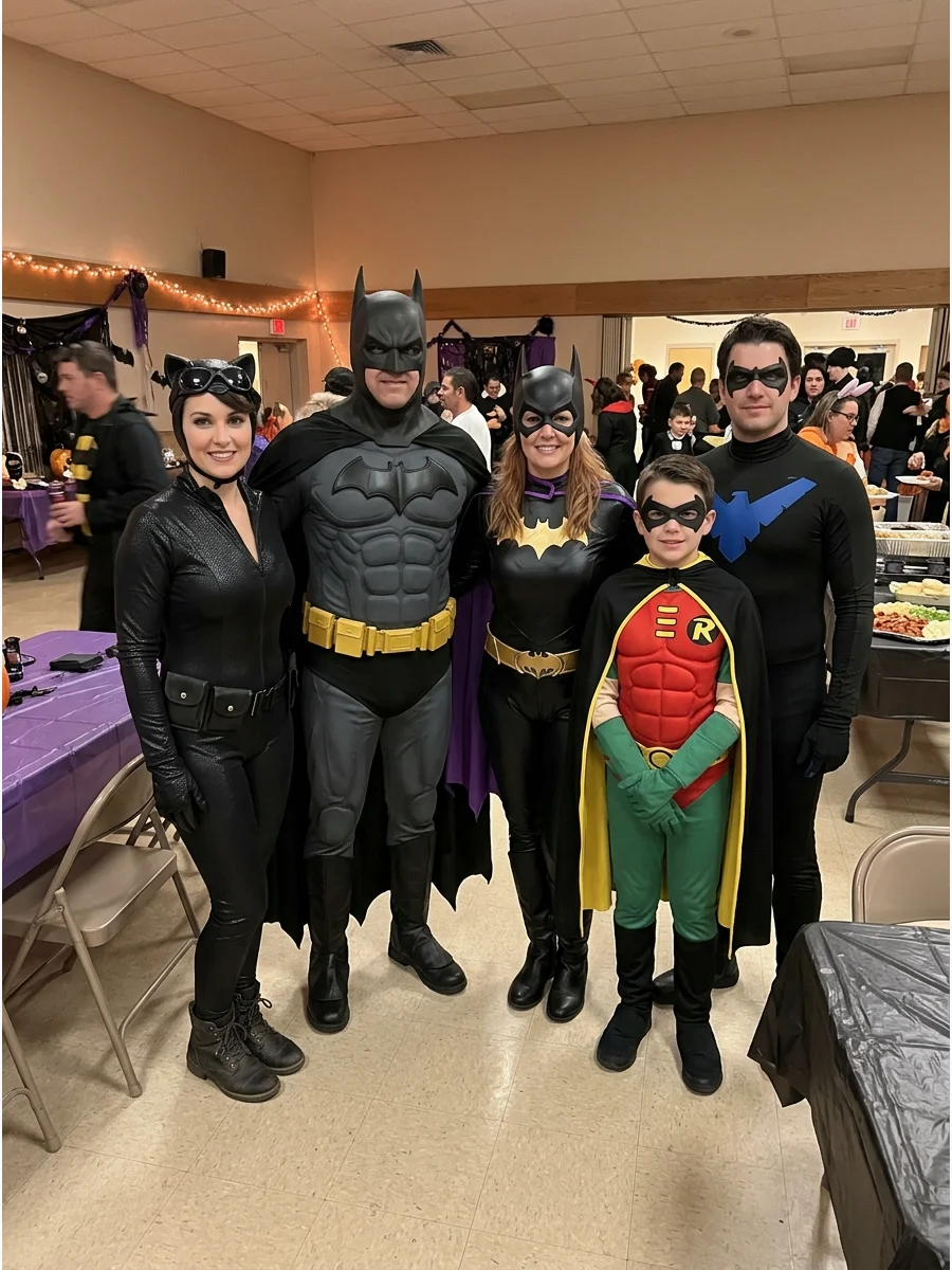 Batman Family Group Costume. Include Catwoman in a group with Batman, Batgirl, Robin, and another Gotham character. Use coordinated black, gray, yellow, and purple accents to visua