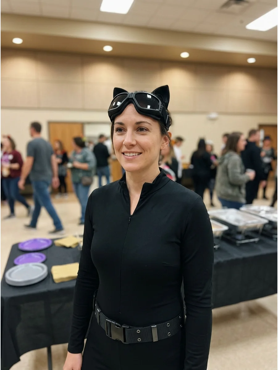 Modern Goggles Catwoman Costume. Pair a streamlined black jumpsuit with a black belt and goggles positioned above the forehead. When raised, the goggles create the appearance of ca