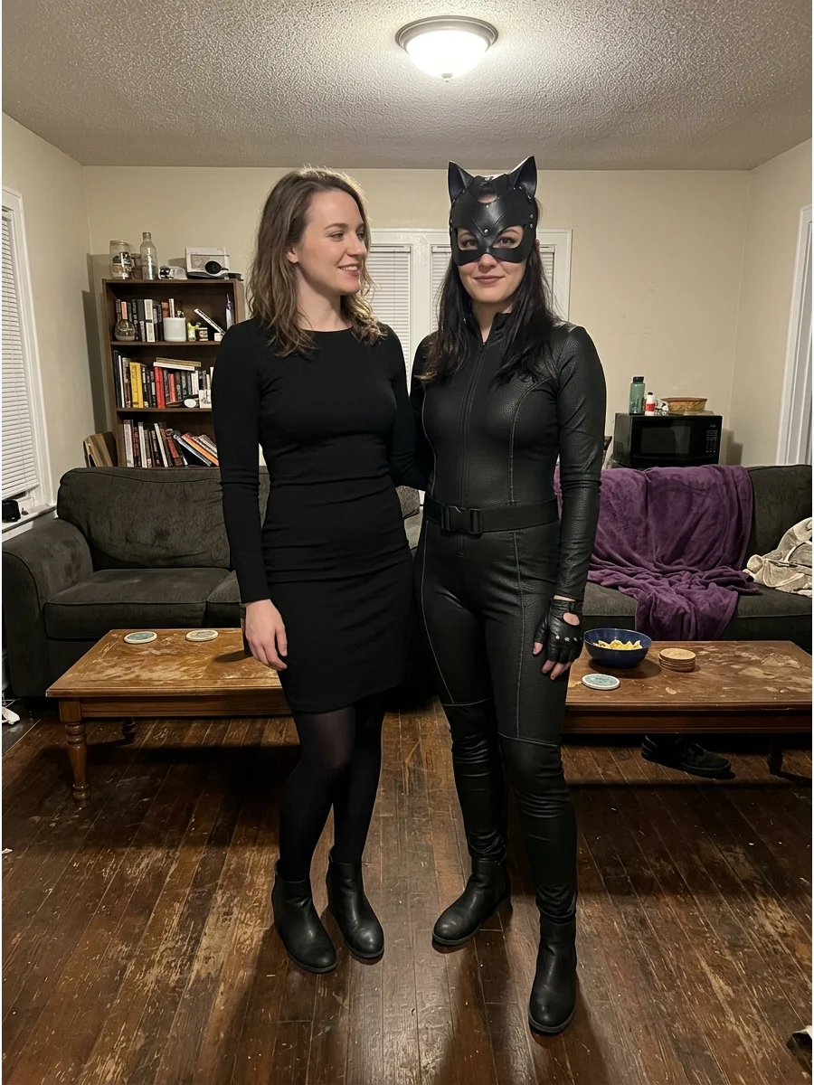 Selina Kyle Transformation Costume. One person can dress as Selina Kyle in an elegant black outfit while another wears the complete masked Catwoman costume. This creative duo repre