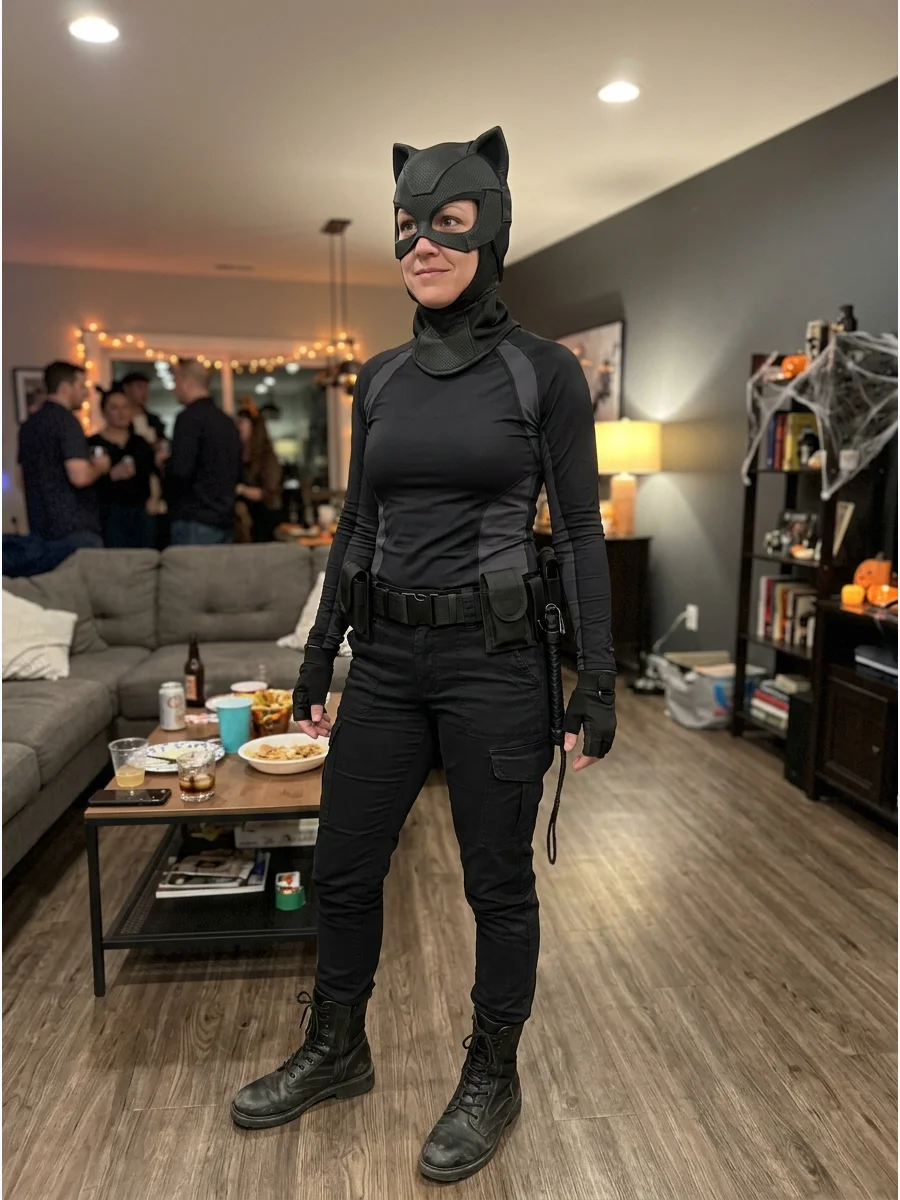 Tactical Catwoman Costume. Wear black cargo pants, a fitted long-sleeve top, combat-style boots, fingerless gloves, and a utility belt. Add a structured mask or hood for a practica