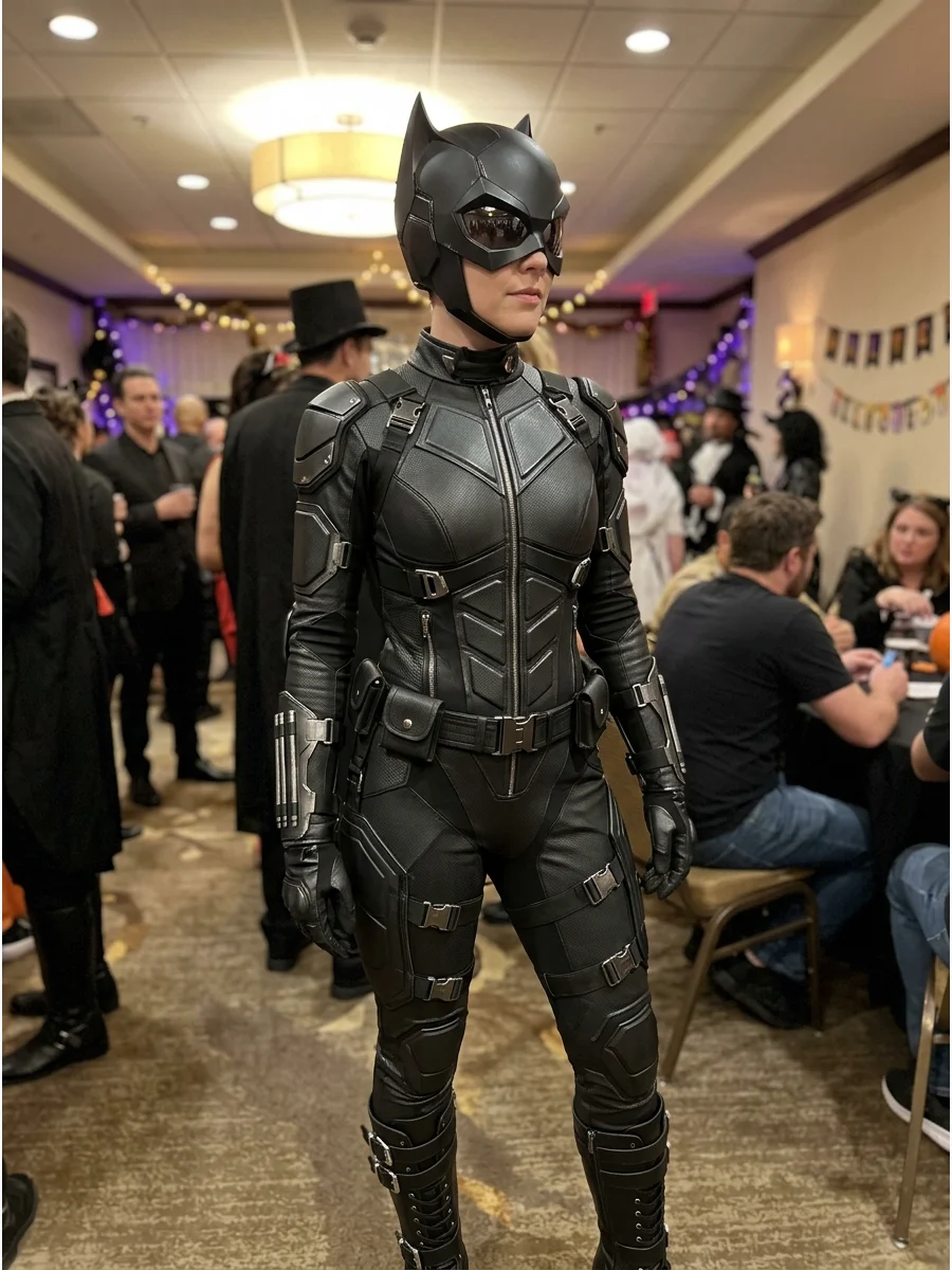 High-Tech 2026 Catwoman Costume. Create a futuristic version with a paneled black outfit, metallic details, a structured mask, and sleek boots. This idea fits the high-tech tactica
