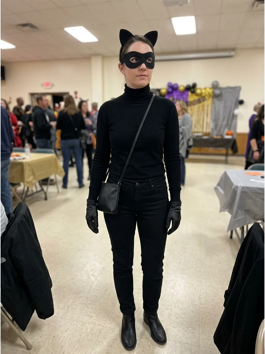 Classic Cat-Burglar Costume. Wear black pants, a black turtleneck, gloves, boots, and a small crossbody bag. Add cat ears and a mask to transform the simple burglar outfit into a C