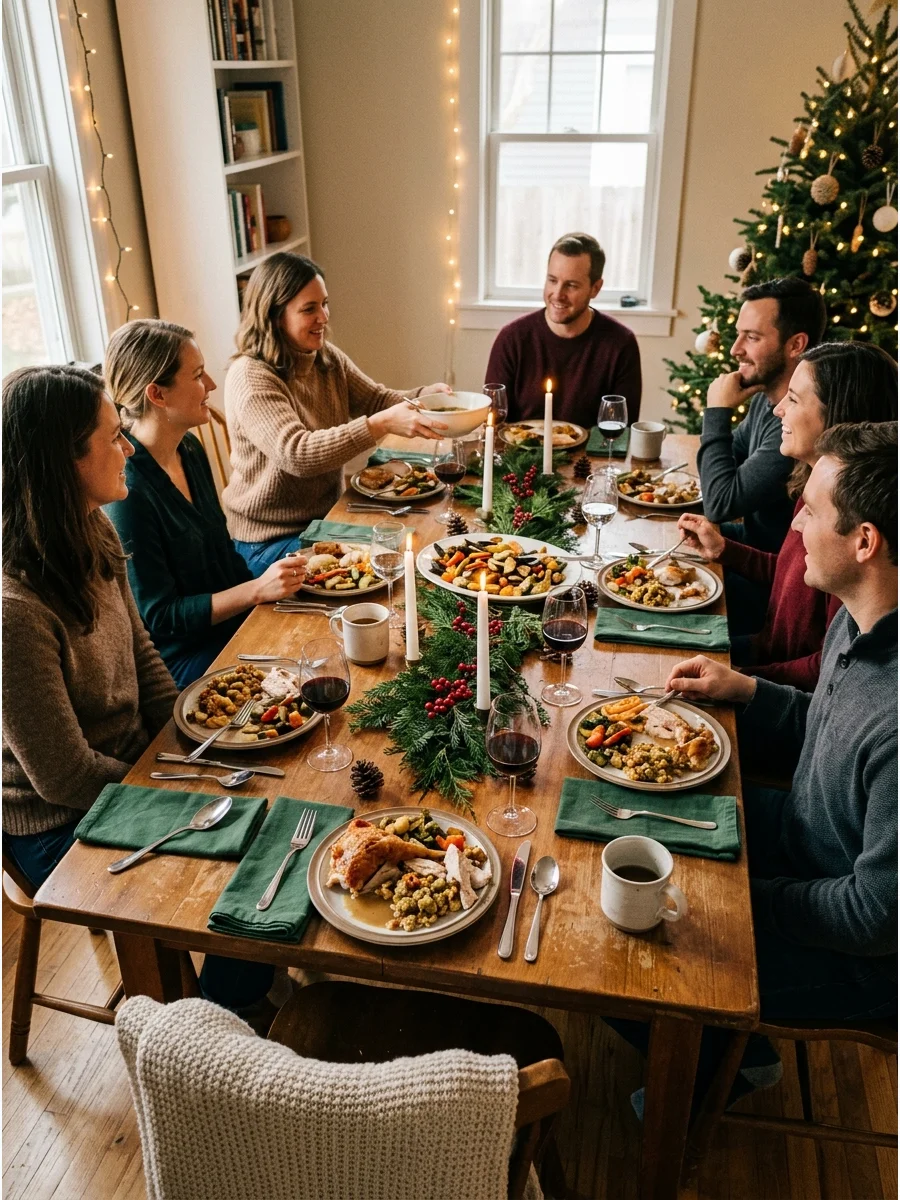 A festive wooden dining table set for a Christmas dinner with greenery and candles.