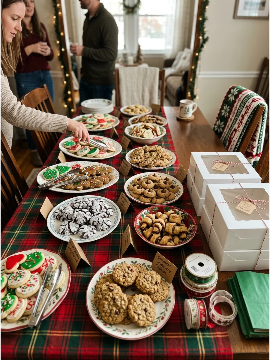 A table filled with different Christmas cookies and cardboard boxes for swapping.