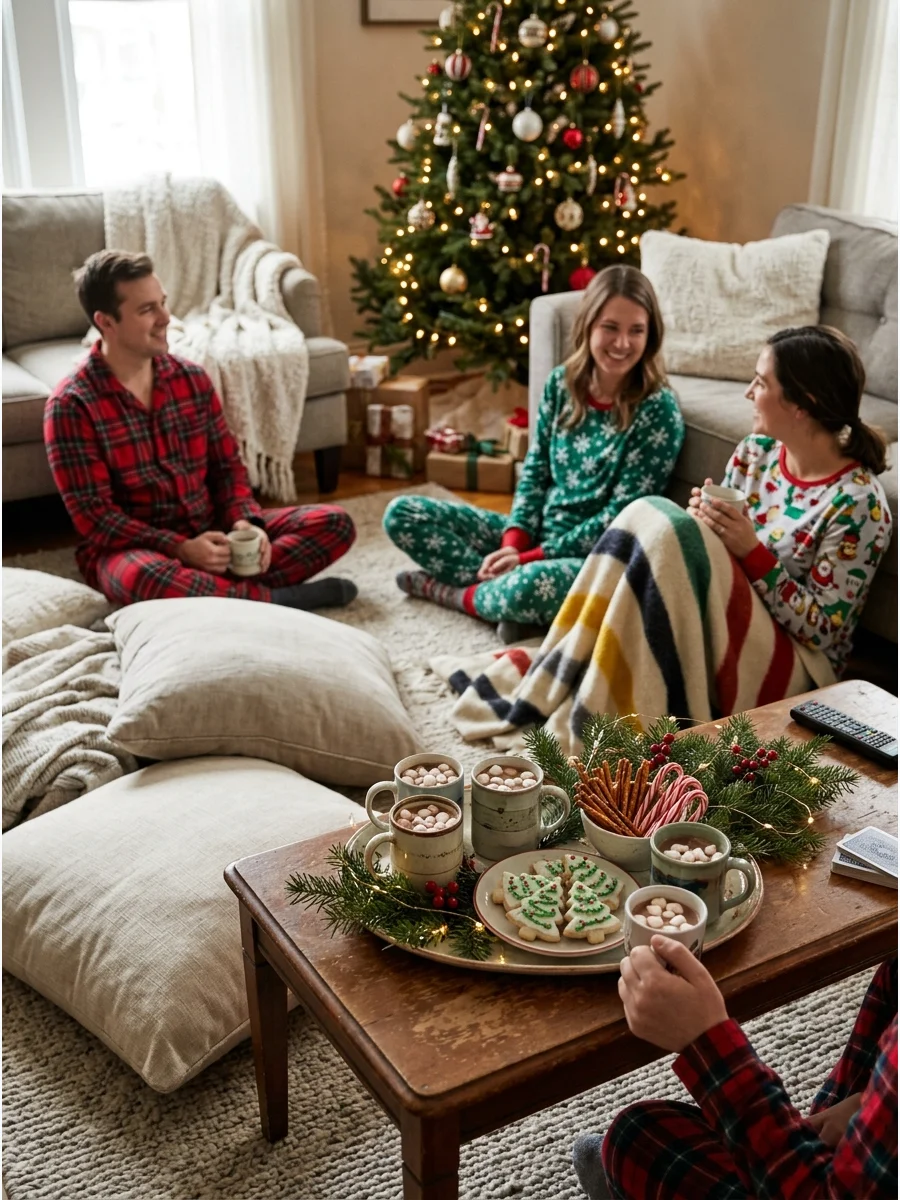 A living room setup with floor cushions and blankets for a pajama party.