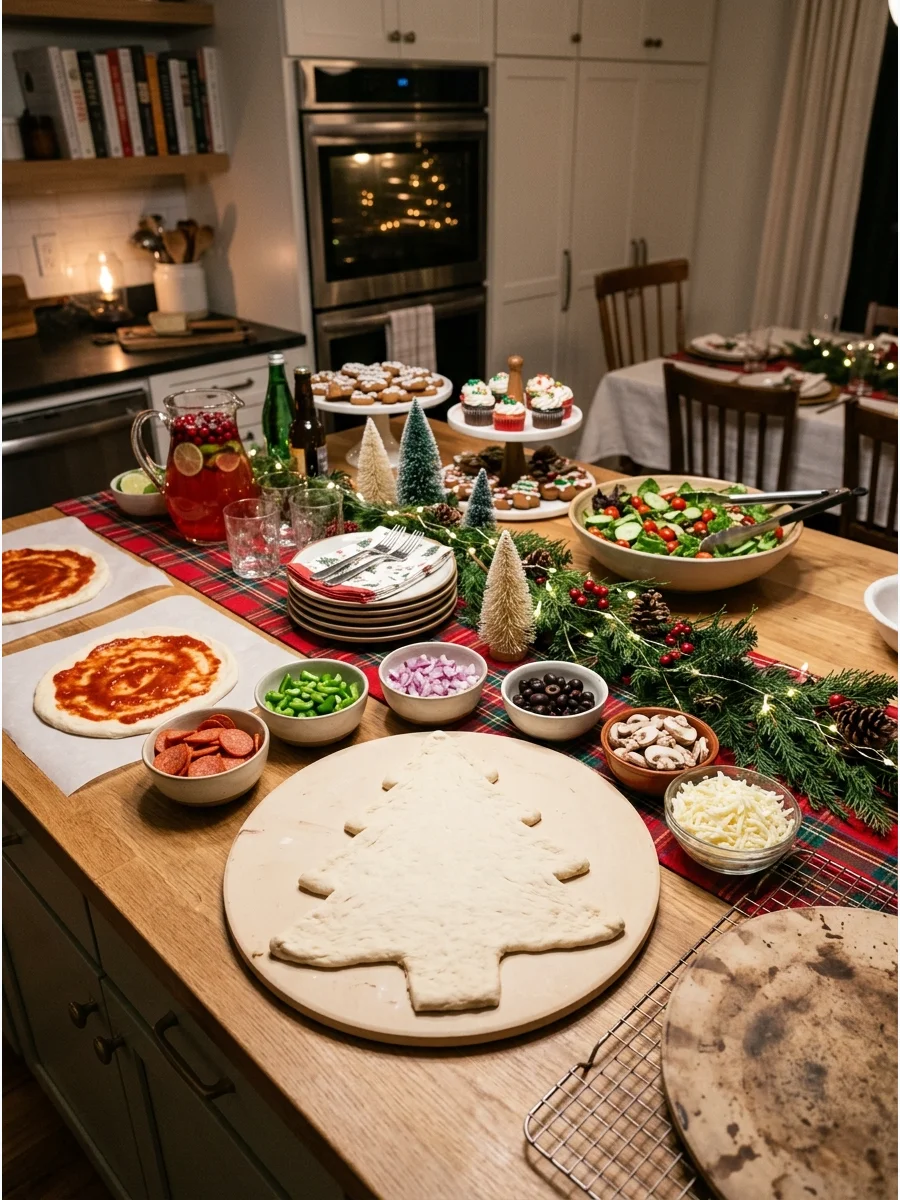 A Christmas tree shaped pizza dough on a kitchen counter with festive toppings.