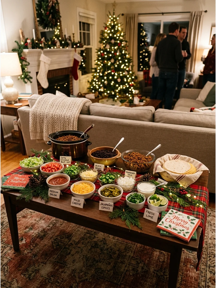 A casual taco bar setup on a living room coffee table with holiday decor.