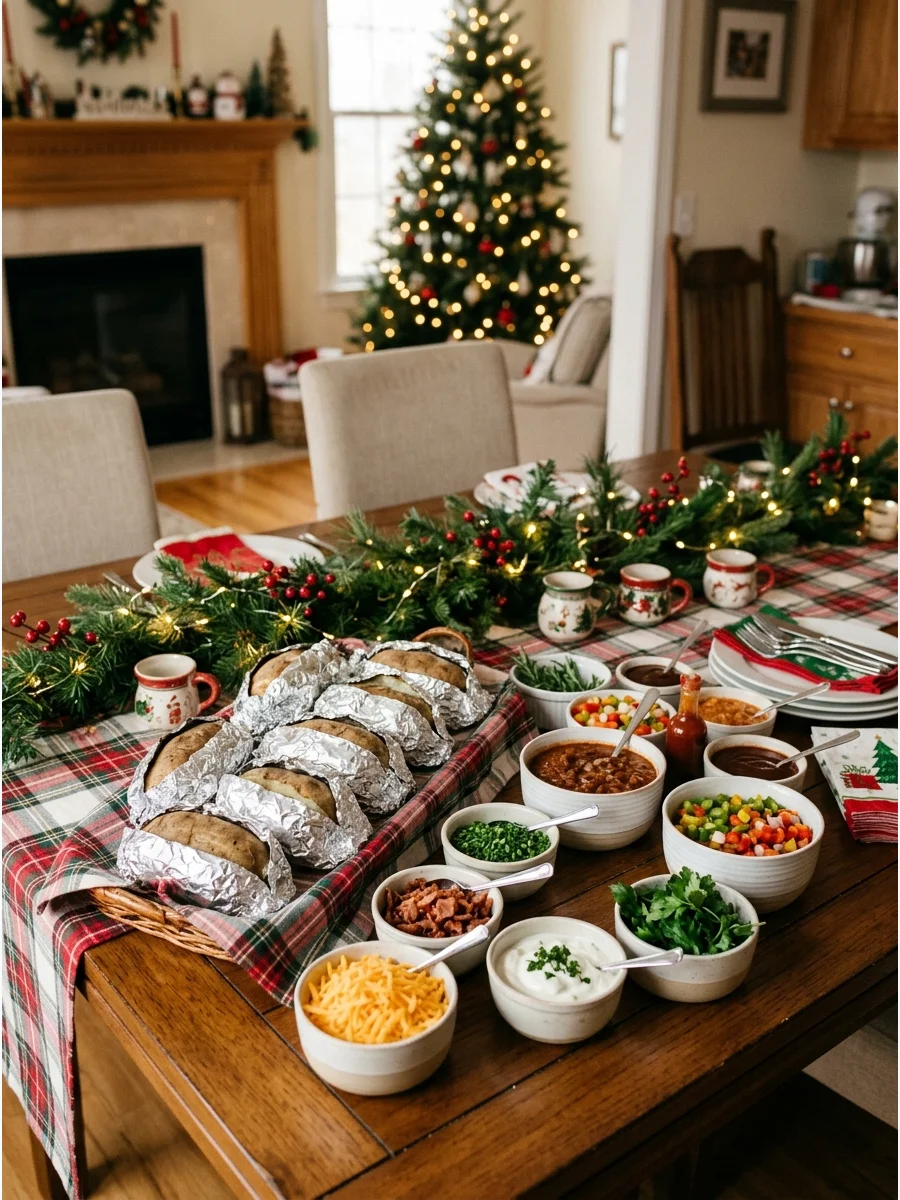A baked potato bar on a dining table with various toppings in festive bowls.
