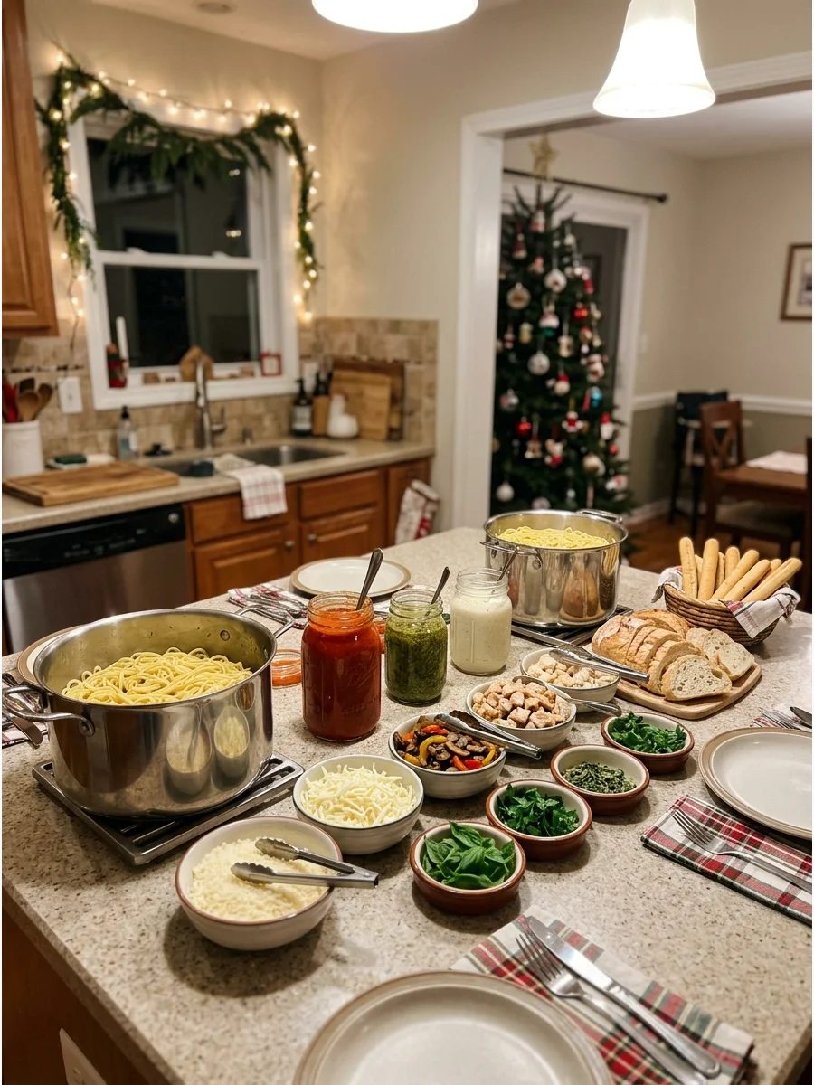 A pasta bar setup on a kitchen counter with different sauces and toppings.