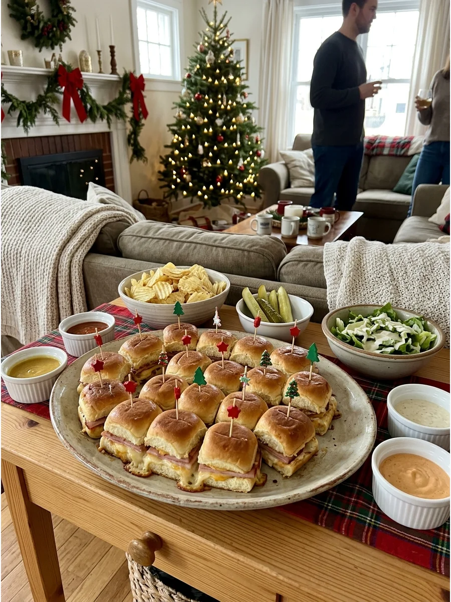 A platter of mini holiday sliders on a table in a cozy living room.