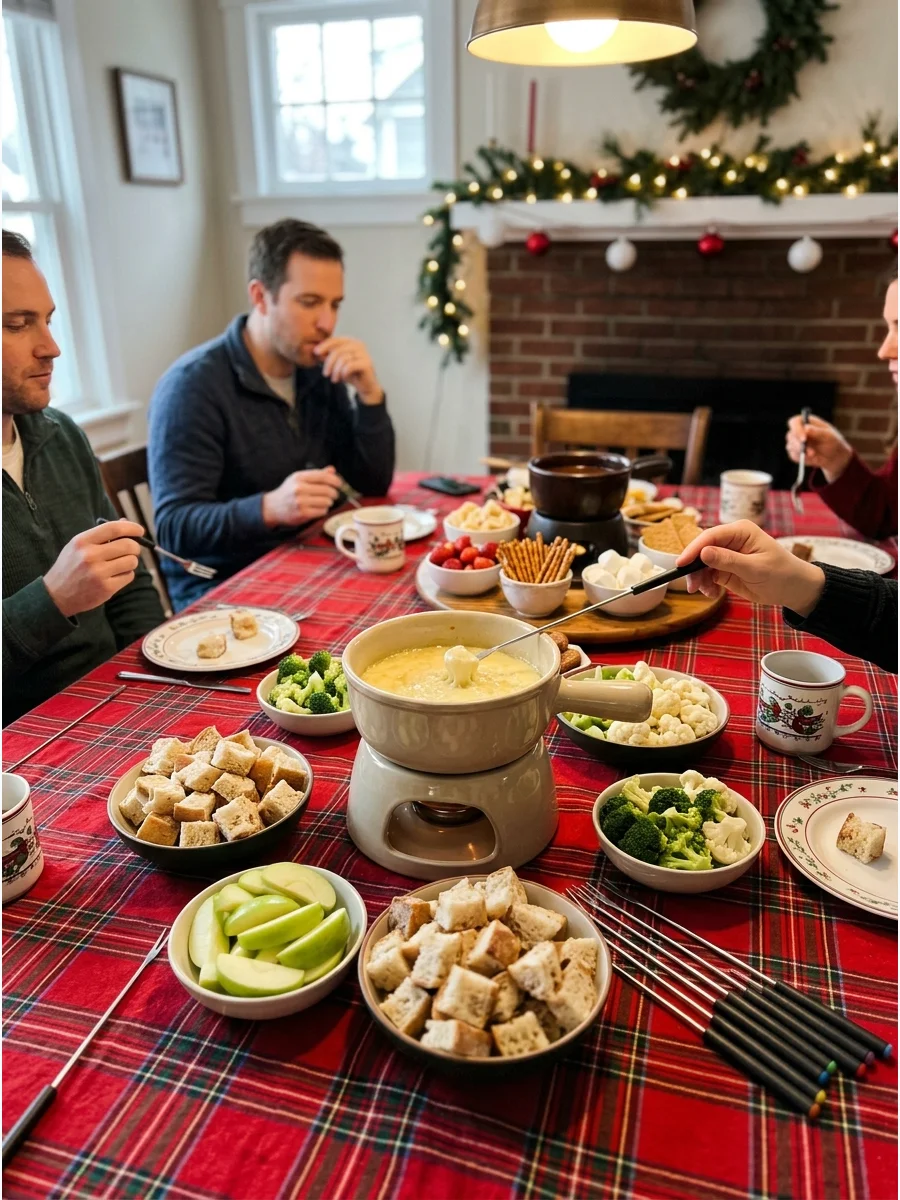 A cheese fondue set on a dining table with various dipping snacks.