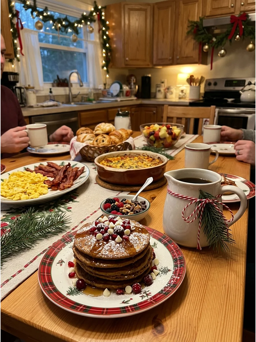 A breakfast for dinner setup with pancakes and coffee on a festive table.
