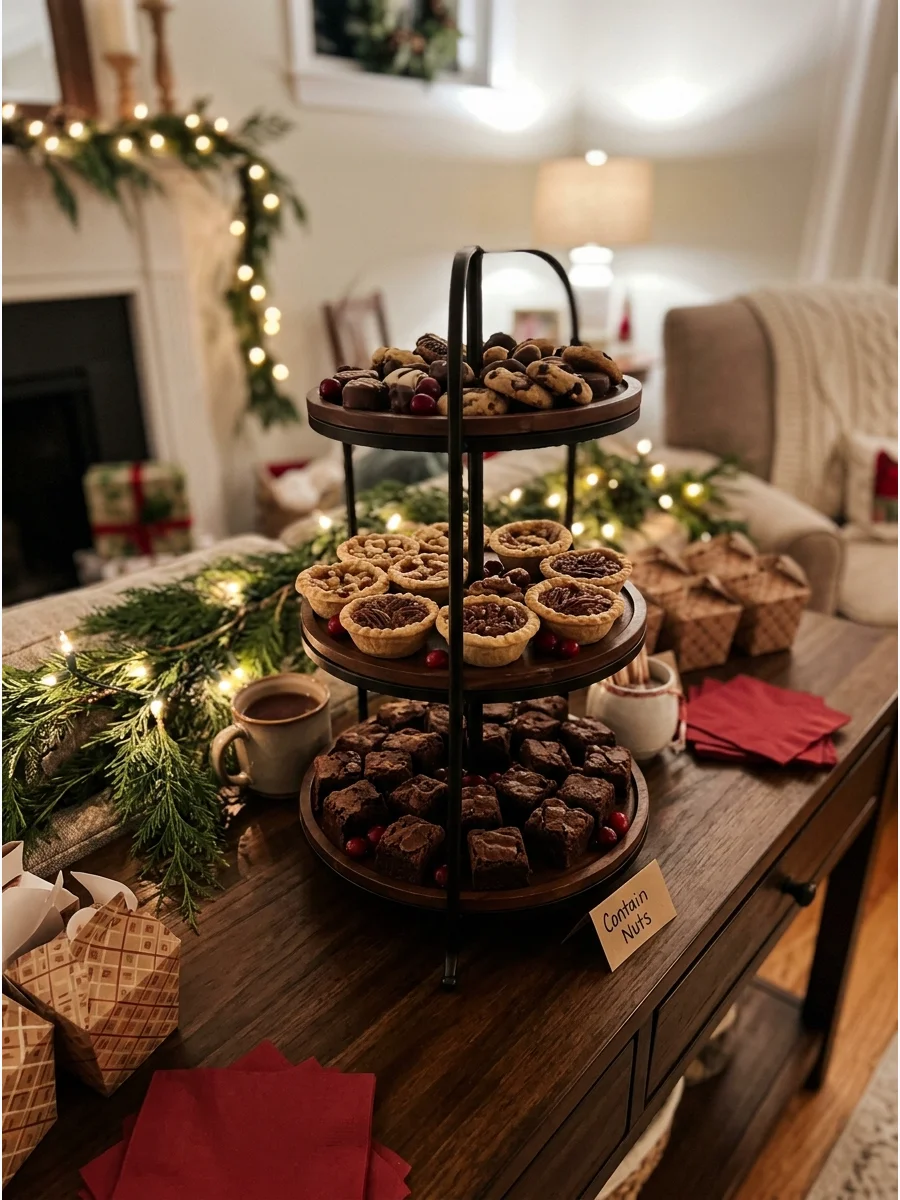 A variety of Christmas desserts displayed on a tiered stand in a living room.