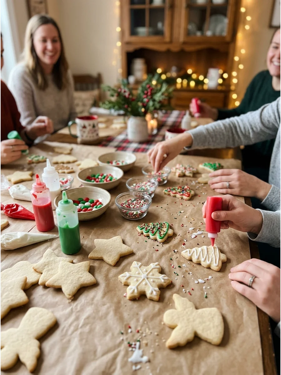 A cookie decorating station on a kitchen table with icing and sprinkles.