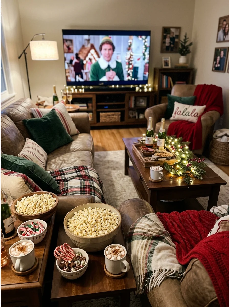 A home theater setup with popcorn and a Christmas movie playing on the screen.