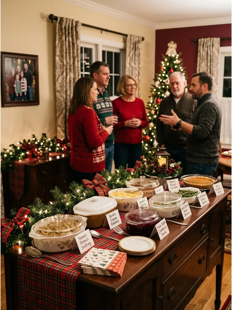 A holiday potluck buffet with various dishes and descriptive cards.