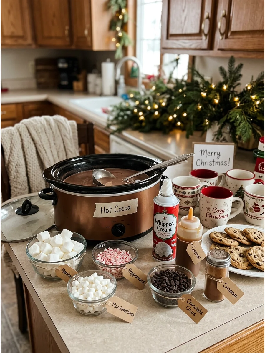A festive hot cocoa station on a kitchen island with toppings and mugs.
